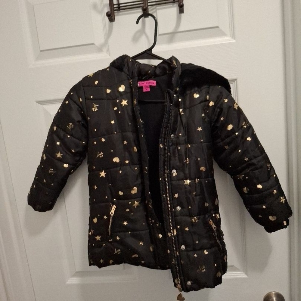 3/$15 Betsey Johnson Sz 6 Girls Black Gold Hooded Quilted‎ Stars Puffer Jacket - Picture 2 of 13